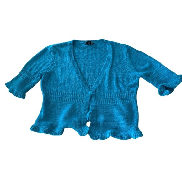 August Silk Blue Textured Cropped Cardigan Blouse Size M - Picture 1 of 5